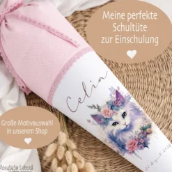 Personalisierte Rosa Stoff Schultüte Katze Mädchen Name Blumen Boho Vintage Einschulungstüte Zuckertüte 70 cm | Optional mit Füllkissen und Spitzenschutz