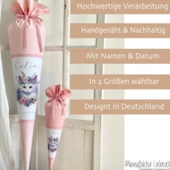 Personalisierte Rosa Stoff Schultüte Katze Mädchen Name Blumen Boho Vintage Einschulungstüte Zuckertüte 70 cm | Optional mit Füllkissen und Spitzenschutz