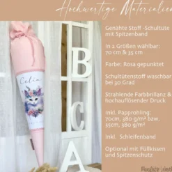 Personalisierte Rosa Stoff Schultüte Katze Mädchen Name Blumen Boho Vintage Einschulungstüte Zuckertüte 70 cm | Optional mit Füllkissen und Spitzenschutz