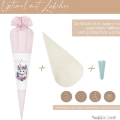 Personalisierte Rosa Stoff Schultüte Katze Mädchen Name Blumen Boho Vintage Einschulungstüte Zuckertüte 70 cm | Optional mit Füllkissen und Spitzenschutz