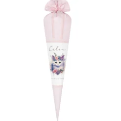 Personalisierte Rosa Stoff Schultüte Katze Mädchen Name Blumen Boho Vintage Einschulungstüte Zuckertüte 70 cm | Optional mit Füllkissen und Spitzenschutz