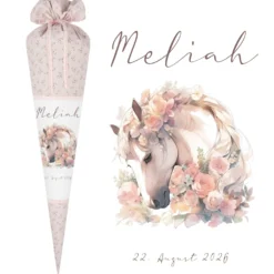 Personalisierte rosa Stoff Zuckertüte Pferd Schultüte Pony für Mädchen mit Namen Einschulungstüte Einschulung Datum Blumen Füllkissen 70 cm I Optional mit Füllkissen und Spitzenschutz