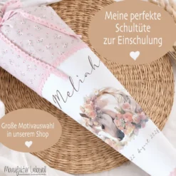 Personalisierte rosa Stoff Zuckertüte Pferd Schultüte Pony für Mädchen mit Namen Einschulungstüte Einschulung Datum Blumen Füllkissen 70 cm I Optional mit Füllkissen und Spitzenschutz