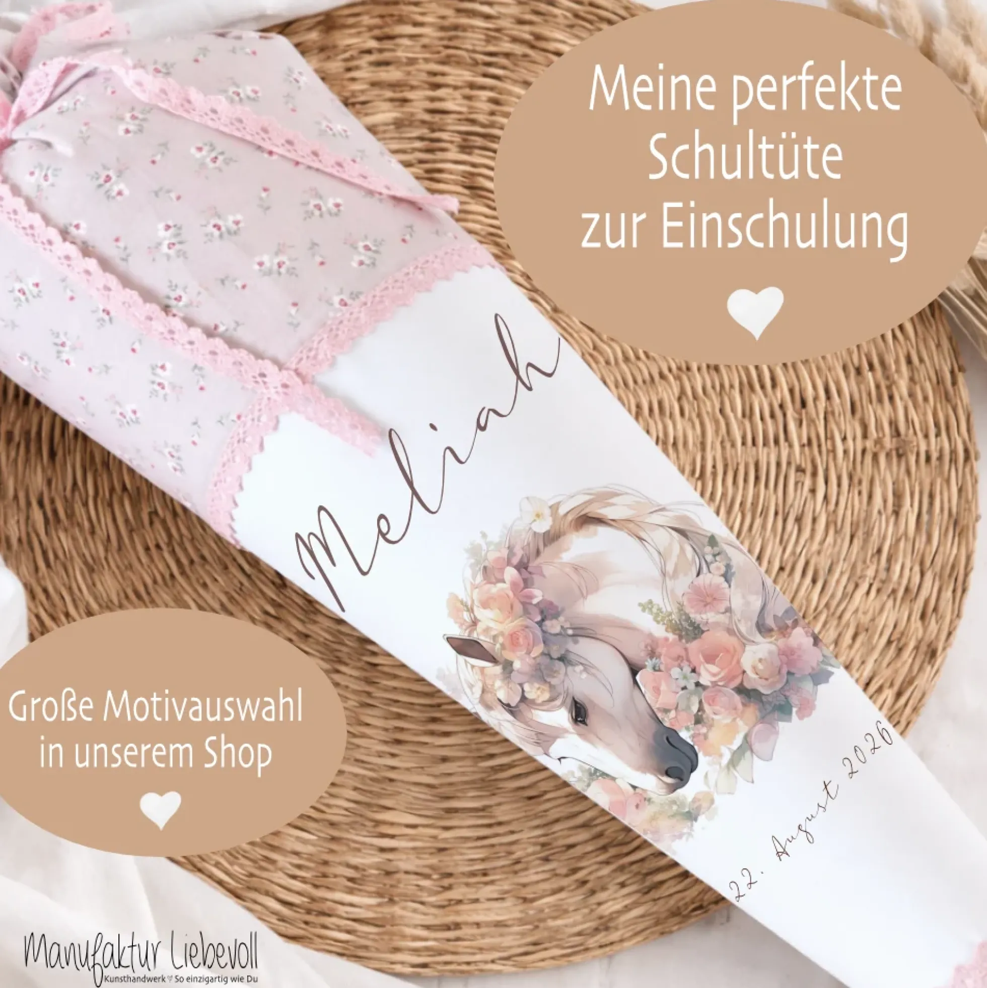Personalisierte rosa Stoff Zuckertüte Pferd Schultüte Pony für Mädchen mit Namen Einschulungstüte Einschulung Datum Blumen Füllkissen 70 cm I Optional mit Füllkissen und Spitzenschutz