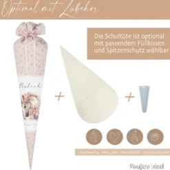 Personalisierte rosa Stoff Zuckertüte Pferd Schultüte Pony für Mädchen mit Namen Einschulungstüte Einschulung Datum Blumen Füllkissen 70 cm I Optional mit Füllkissen und Spitzenschutz