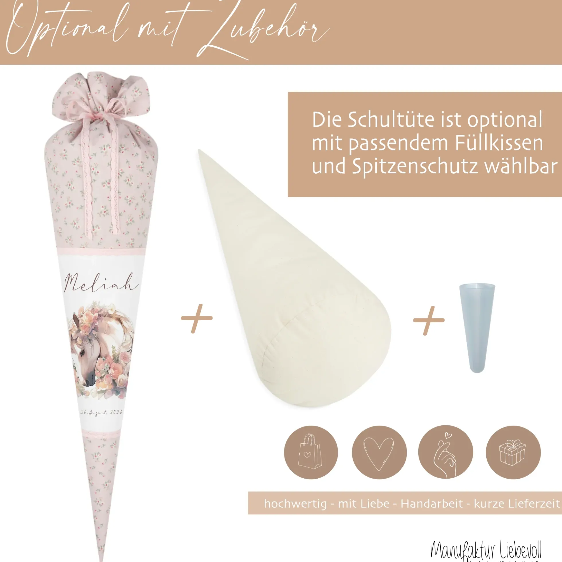Personalisierte rosa Stoff Zuckertüte Pferd Schultüte Pony für Mädchen mit Namen Einschulungstüte Einschulung Datum Blumen Füllkissen 70 cm I Optional mit Füllkissen und Spitzenschutz