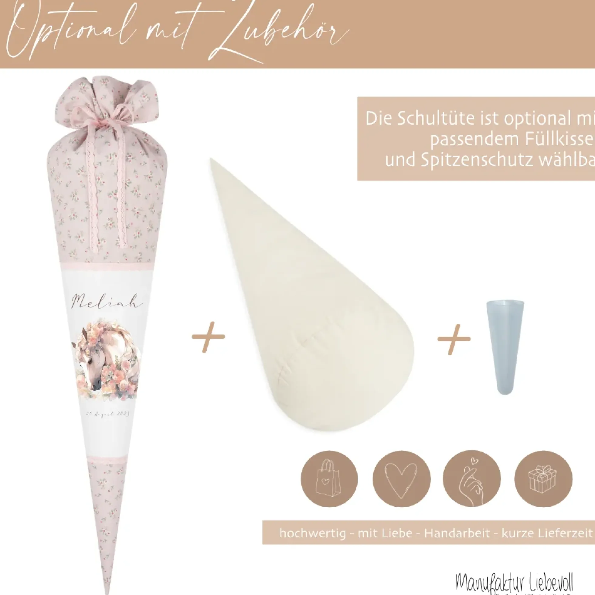 Personalisierte rosa Stoff Zuckertüte Pferd Schultüte Pony für Mädchen mit Namen Einschulungstüte Einschulung Datum Blumen Füllkissen 70 cm I Optional mit Füllkissen und Spitzenschutz
