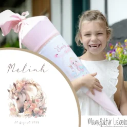 Personalisierte rosa Stoff Zuckertüte Pferd Schultüte Pony für Mädchen mit Namen Einschulungstüte Einschulung Datum Blumen Füllkissen 70 cm I Optional mit Füllkissen und Spitzenschutz