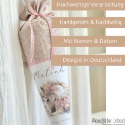 Personalisierte rosa Stoff Zuckertüte Pferd Schultüte Pony für Mädchen mit Namen Einschulungstüte Einschulung Datum Blumen Füllkissen 70 cm I Optional mit Füllkissen und Spitzenschutz