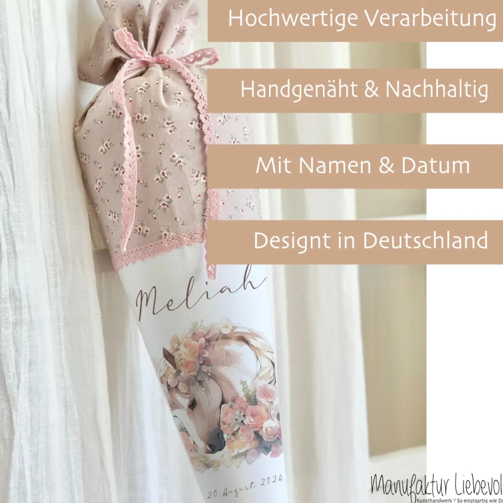 Personalisierte rosa Stoff Zuckertüte Pferd Schultüte Pony für Mädchen mit Namen Einschulungstüte Einschulung Datum Blumen Füllkissen 70 cm I Optional mit Füllkissen und Spitzenschutz