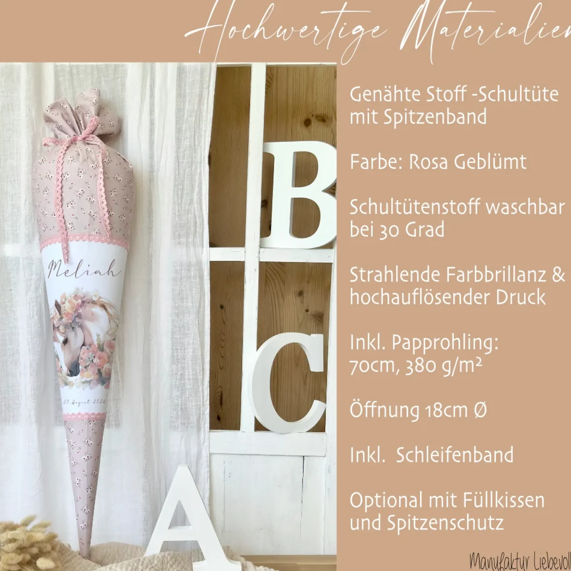 Personalisierte rosa Stoff Zuckertüte Pferd Schultüte Pony für Mädchen mit Namen Einschulungstüte Einschulung Datum Blumen Füllkissen 70 cm I Optional mit Füllkissen und Spitzenschutz
