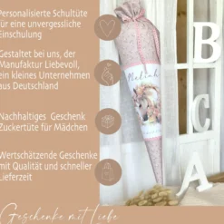 Personalisierte rosa Stoff Zuckertüte Pferd Schultüte Pony für Mädchen mit Namen Einschulungstüte Einschulung Datum Blumen Füllkissen 70 cm I Optional mit Füllkissen und Spitzenschutz