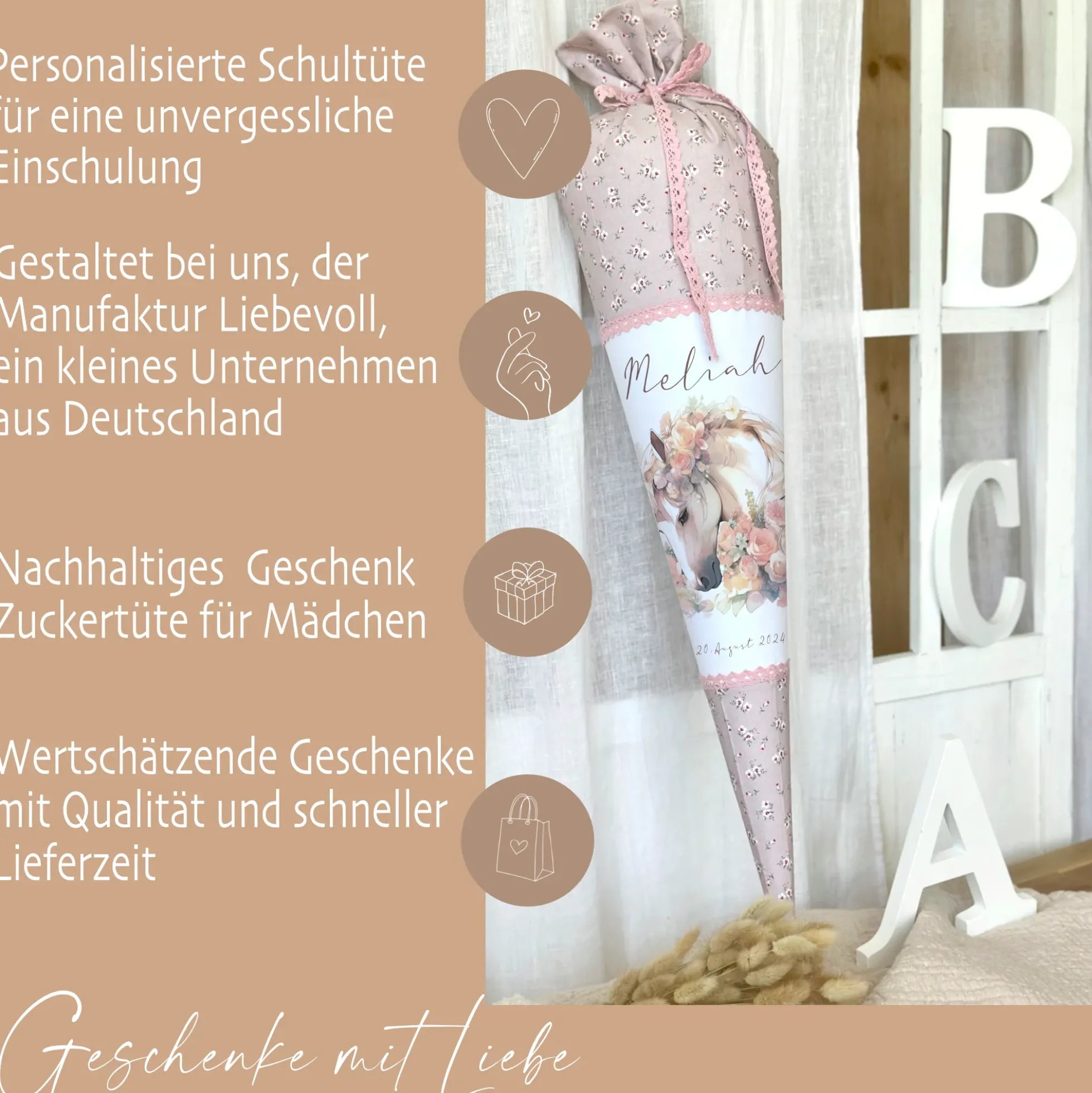 Personalisierte rosa Stoff Zuckertüte Pferd Schultüte Pony für Mädchen mit Namen Einschulungstüte Einschulung Datum Blumen Füllkissen 70 cm I Optional mit Füllkissen und Spitzenschutz