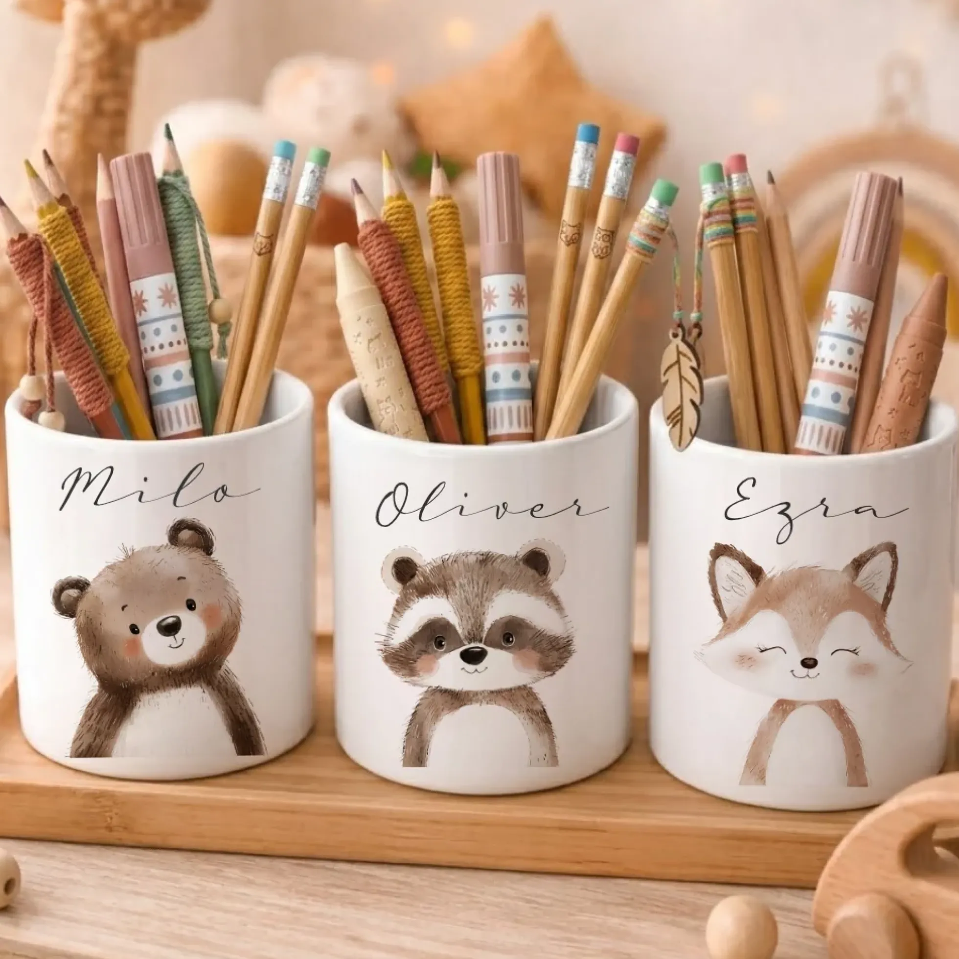 Personalisierter Stiftehalter Waldtiere – Keramik Stifteköcher mit Namen für Kinder