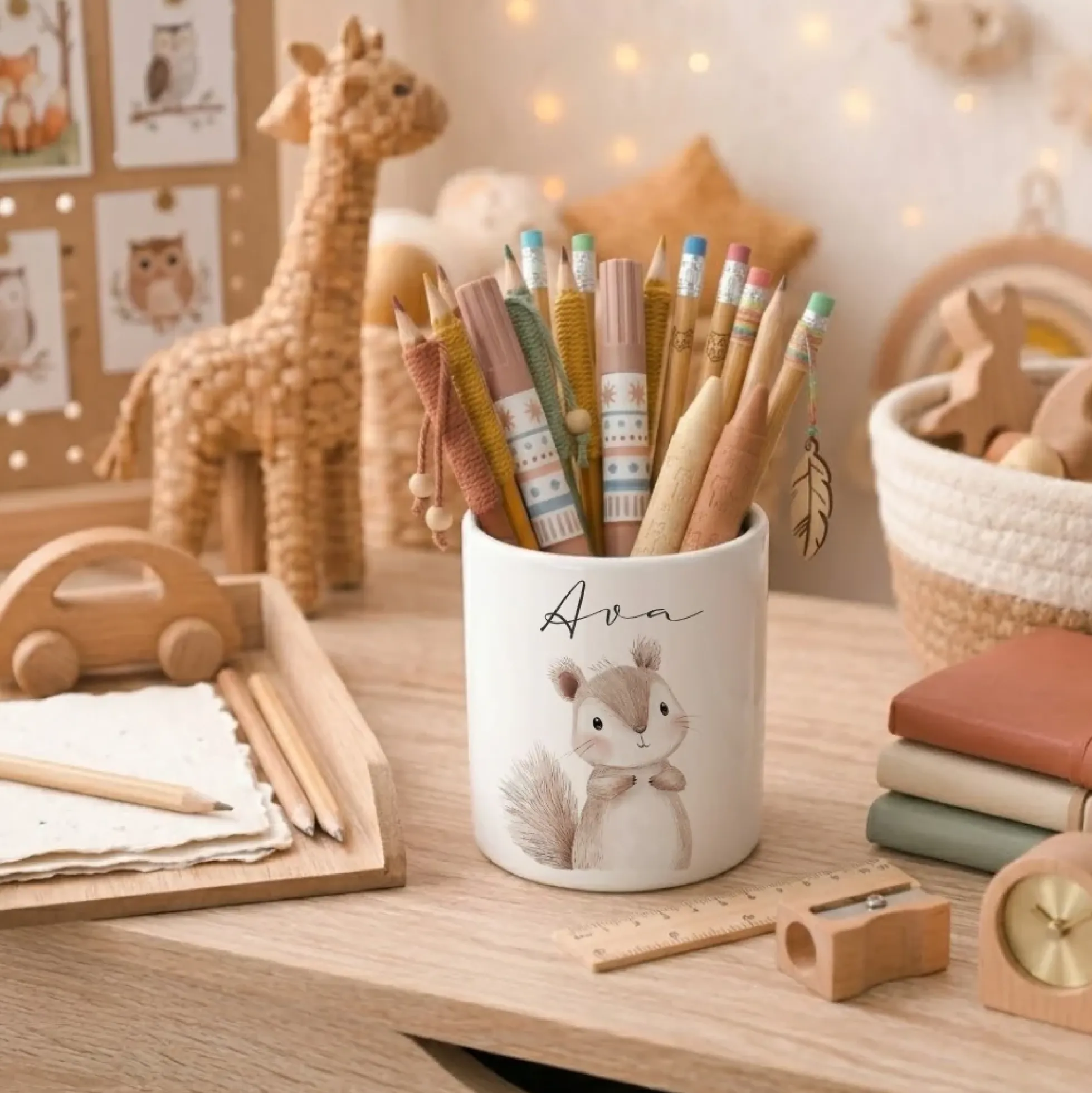 Personalisierter Stiftehalter Waldtiere – Keramik Stifteköcher mit Namen für Kinder