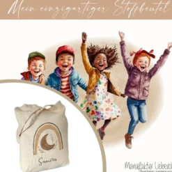 Personalisierter Stoffbeutel für Kinder, Stofftasche mit Regenbogen und Namen