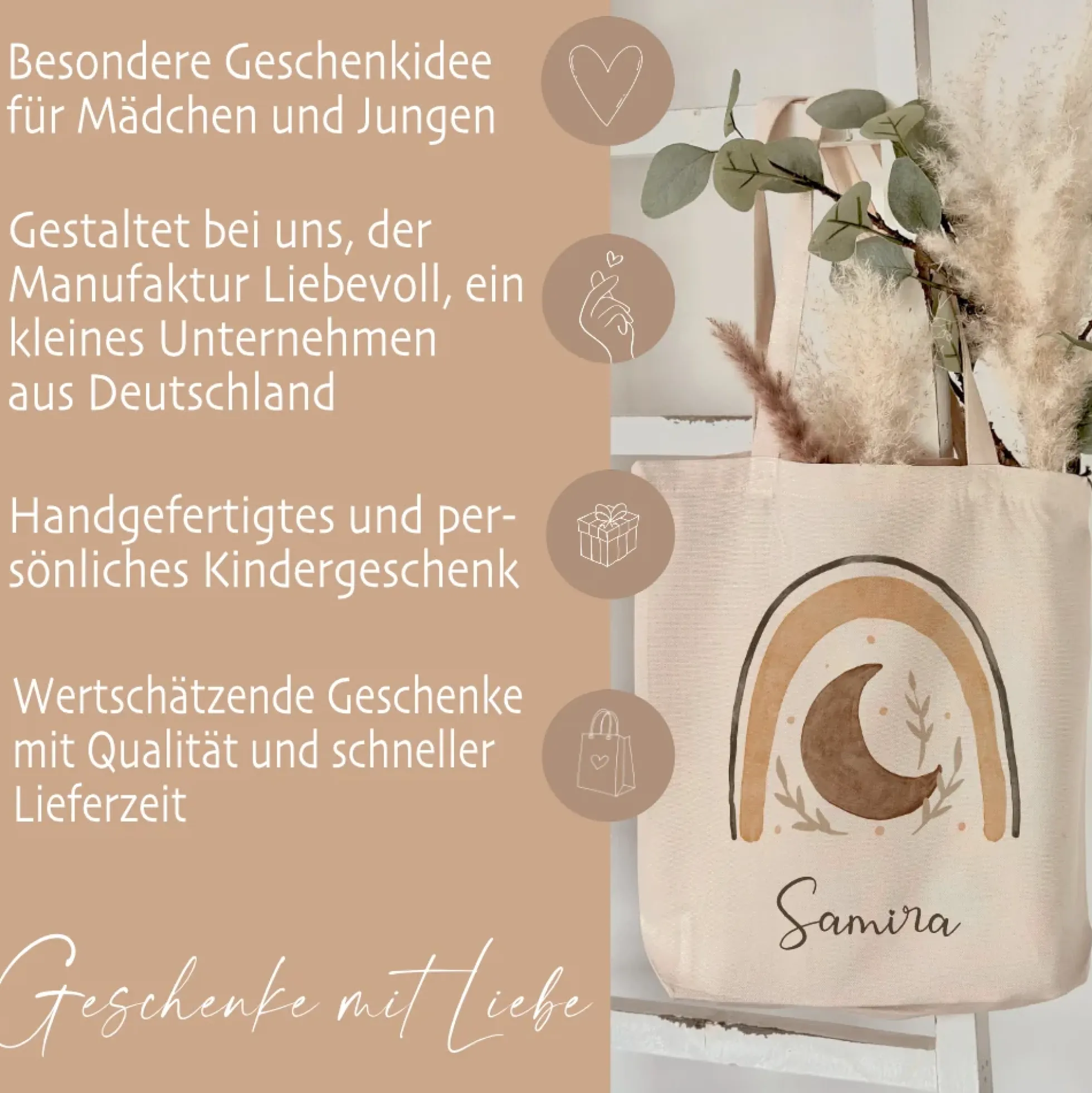 Personalisierter Stoffbeutel für Kinder, Stofftasche mit Regenbogen und Namen