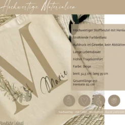 Personalisierter Stoffbeutel Eukalyptus mit Buchstaben u. Namen | Stofftasche mit Initialen für Frauen