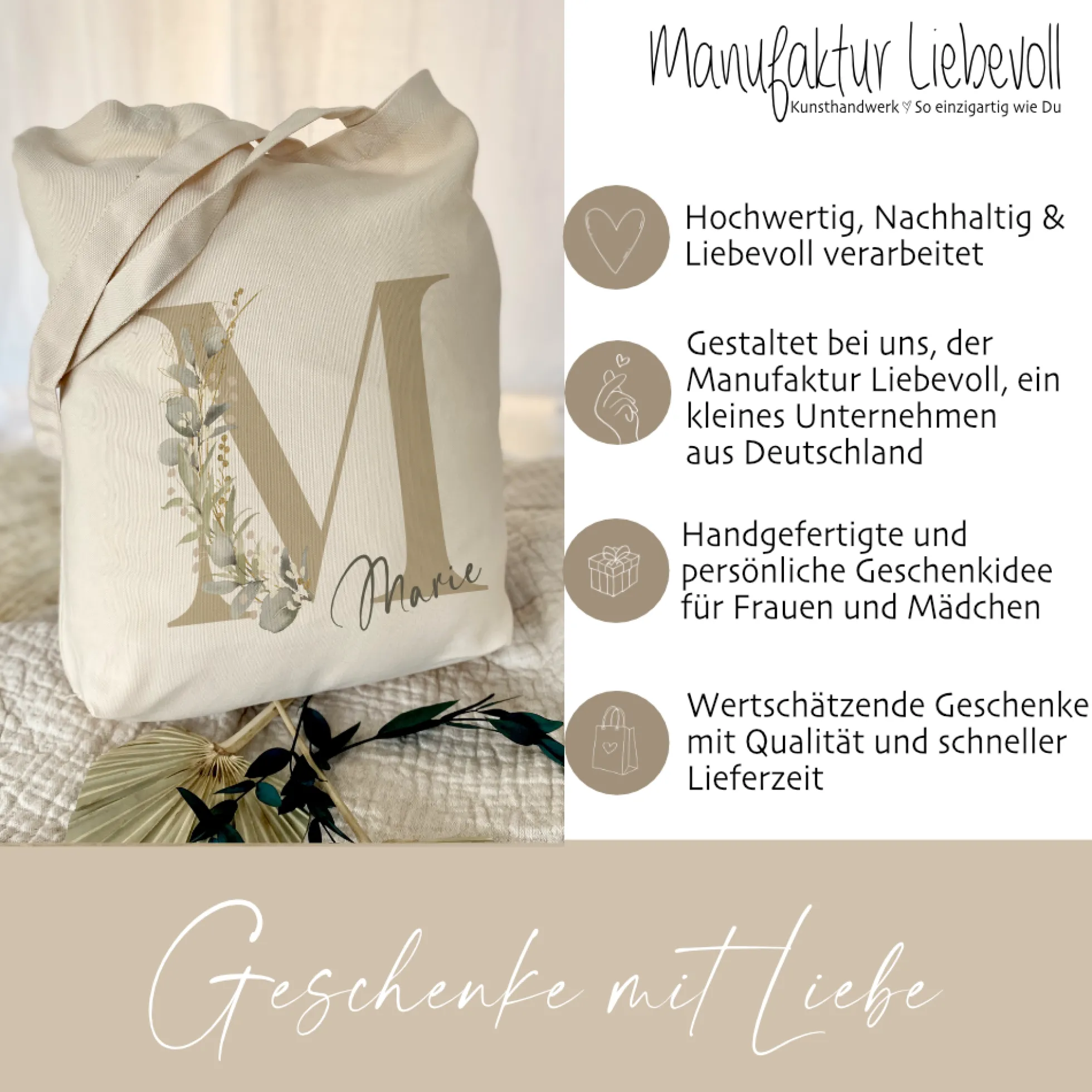 Personalisierter Stoffbeutel Eukalyptus mit Buchstaben u. Namen | Stofftasche mit Initialen für Frauen