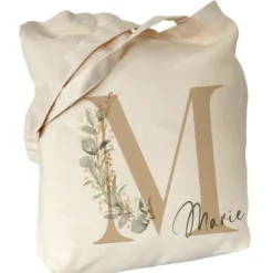 Personalisierter Stoffbeutel Eukalyptus mit Buchstaben u. Namen | Stofftasche mit Initialen für Frauen