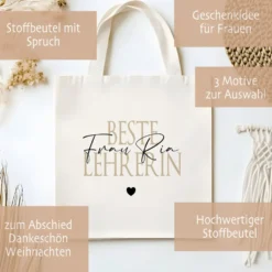 Personalisierter Stoffbeutel, 3 Motive: Beste Erzieherin, Beste Lehrerin, Beste Hebamme