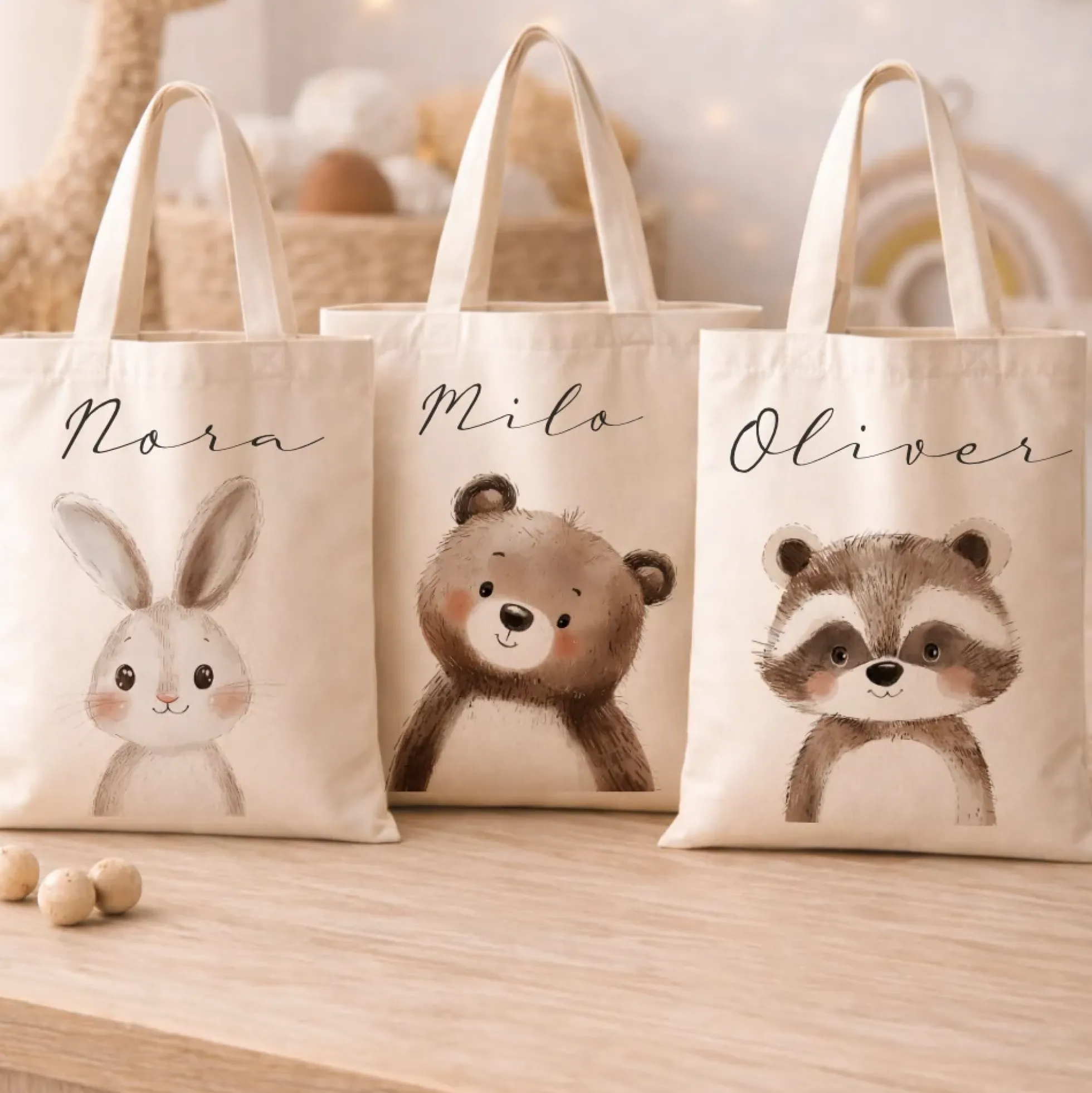 Personalisierter Stoffbeutel für Kinder mit Namen & Waldtier-Motiv Kinderbeutel – Beige Leinenoptik