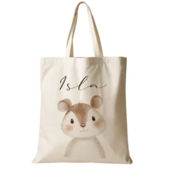 Personalisierter Stoffbeutel für Kinder mit Namen & Waldtier-Motiv Kinderbeutel – Beige Leinenoptik