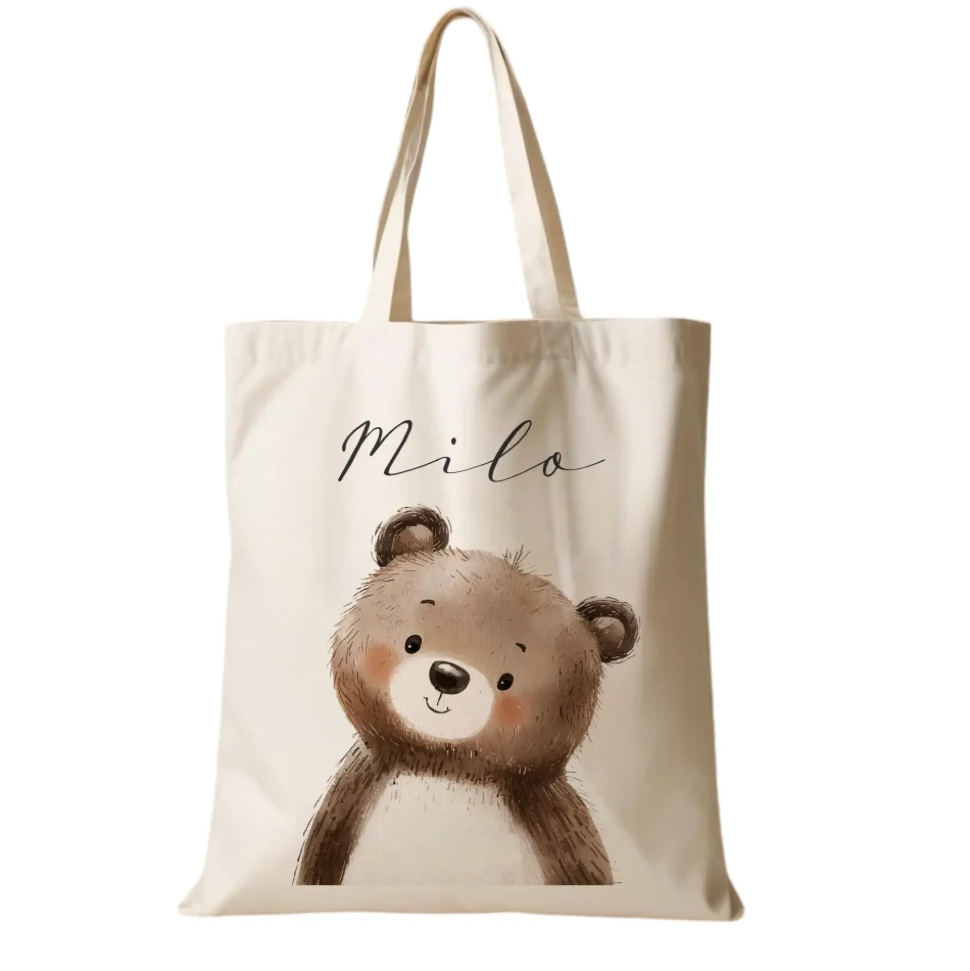 Personalisierter Stoffbeutel für Kinder mit Namen & Waldtier-Motiv Kinderbeutel – Beige Leinenoptik