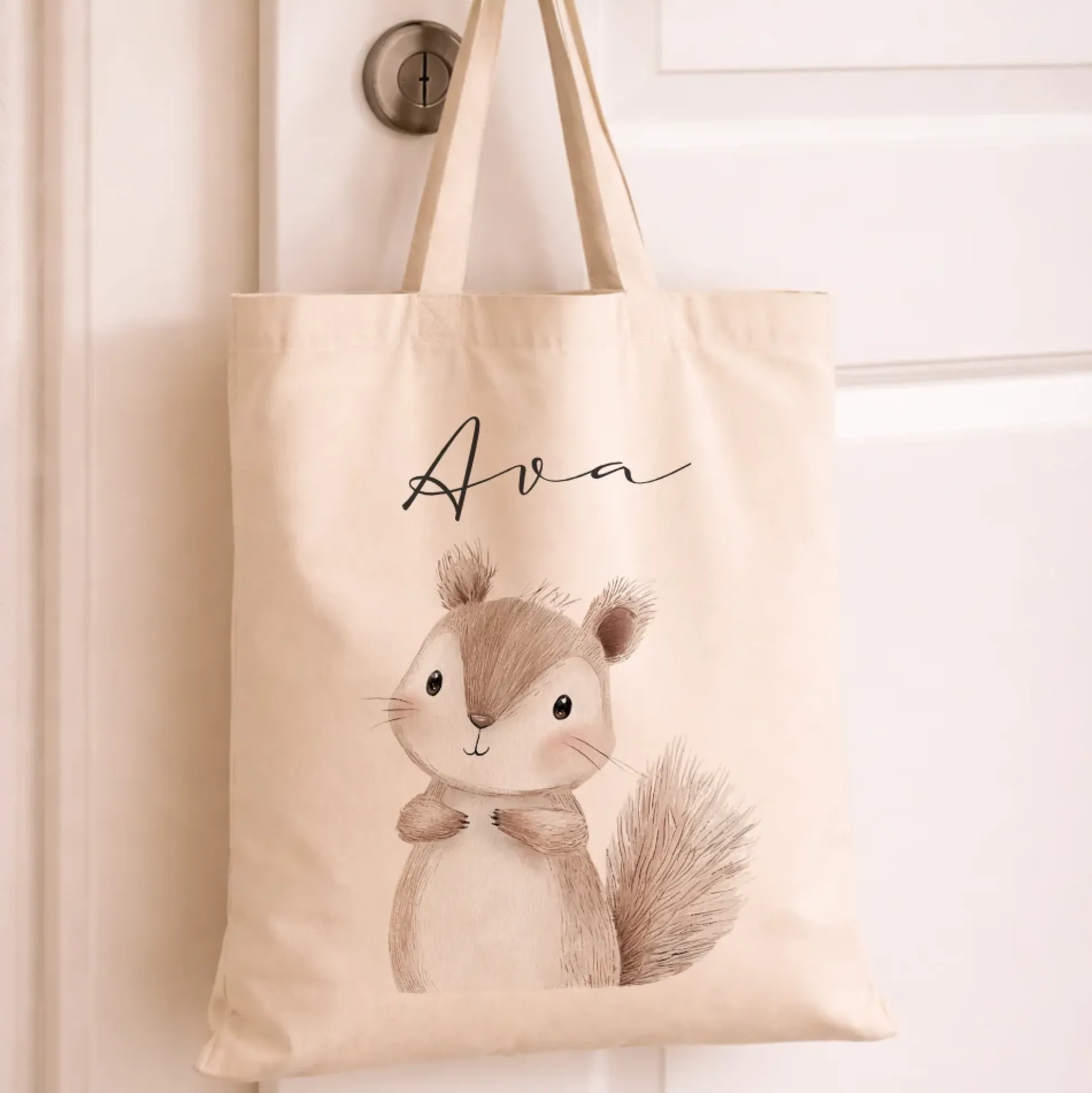 Personalisierter Stoffbeutel für Kinder mit Namen & Waldtier-Motiv Kinderbeutel – Beige Leinenoptik