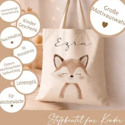 Personalisierter Stoffbeutel für Kinder mit Namen & Waldtier-Motiv Kinderbeutel – Beige Leinenoptik