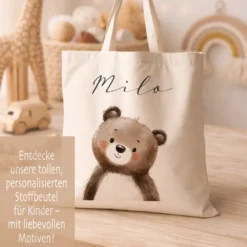 Personalisierter Stoffbeutel für Kinder mit Namen & Waldtier-Motiv Kinderbeutel – Beige Leinenoptik