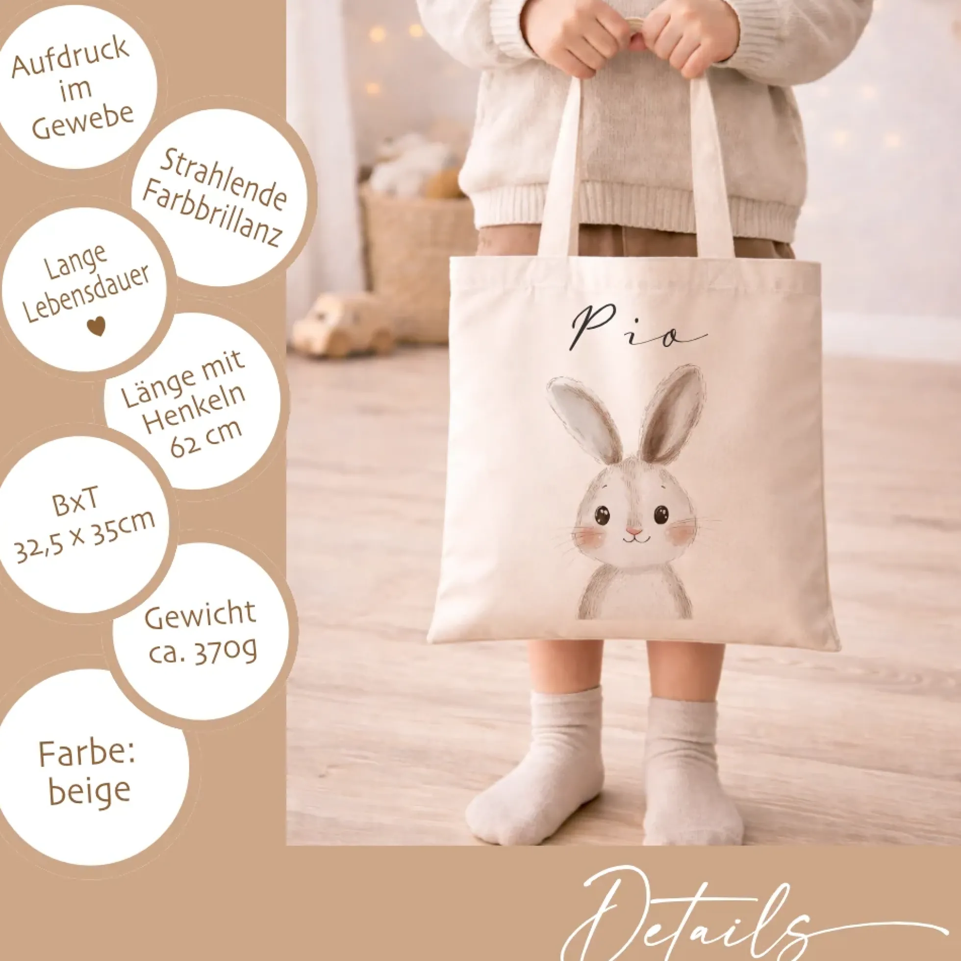Personalisierter Stoffbeutel für Kinder mit Namen & Waldtier-Motiv Kinderbeutel – Beige Leinenoptik