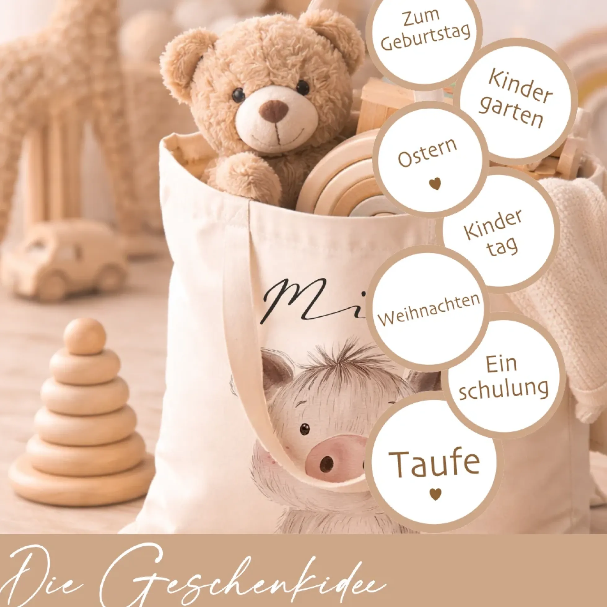 Personalisierter Stoffbeutel für Kinder mit Namen & Waldtier-Motiv Kinderbeutel – Beige Leinenoptik