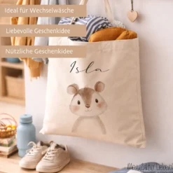 Personalisierter Stoffbeutel für Kinder mit Namen & Waldtier-Motiv Kinderbeutel – Beige Leinenoptik