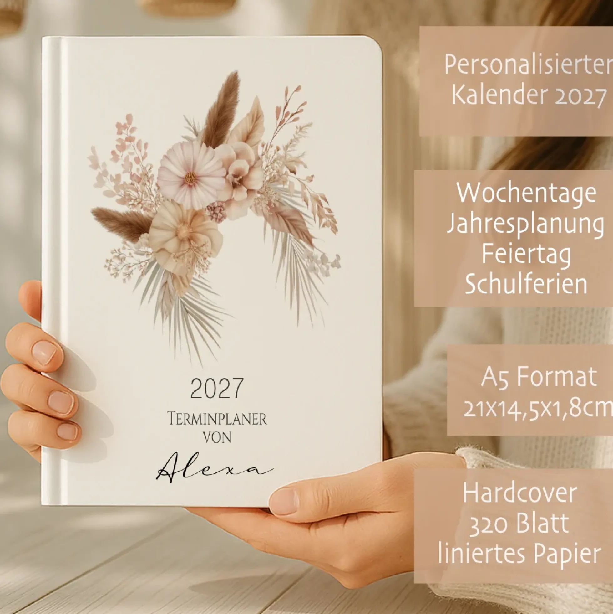 Personalisierter Terminplaner 2027 Din A5 | Hardcover Buchkalender mit Name | Florales & Boho Design