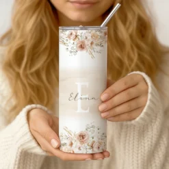 Personalisierter Thermobecher mit Namen & Initialen Boho Floral Edelstahl Kaffeebecher to go mit Strohhalm Geschenk für Frauen u. Mädchen