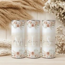 Personalisierter Thermobecher mit Namen & Initialen Boho Floral Edelstahl Kaffeebecher to go mit Strohhalm Geschenk für Frauen u. Mädchen