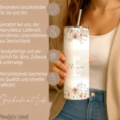 Personalisierter Thermobecher mit Namen & Initialen Boho Floral Edelstahl Kaffeebecher to go mit Strohhalm Geschenk für Frauen u. Mädchen