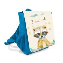 Personalisierter Tier Rucksack Waschbär | blauer Kinderrucksack Name für Mädchen und Jungen | Kindergartenrucksack als tolles Geschenk für Kitakinder von 2-6 Jahre