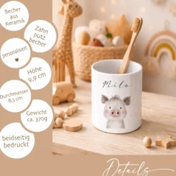 Personalisierter Zahnputzbecher für Kinder aus Keramik – Zahnbecher mit Namen & Tiermotiv