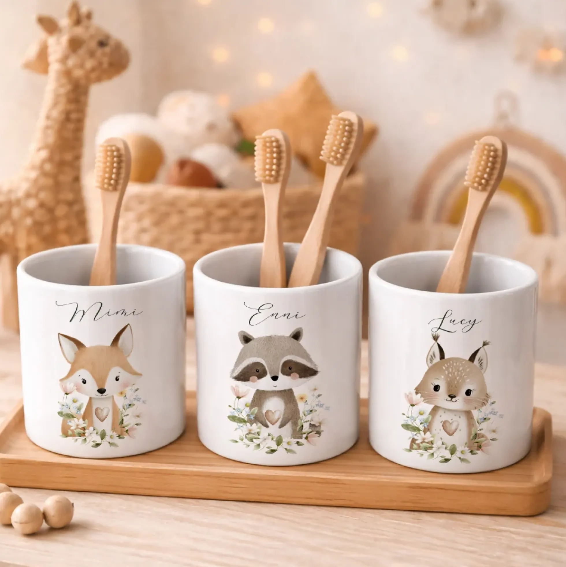 Personalisierter Zahnputzbecher aus Keramik mit Namen – Süße Waldtiere Motive im Boho-Stil – Kinder Zahnbürstenhalter fürs Badezimmer