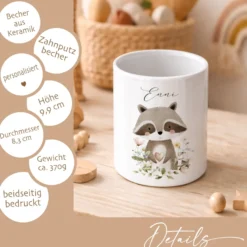 Personalisierter Zahnputzbecher aus Keramik mit Namen – Süße Waldtiere Motive im Boho-Stil – Kinder Zahnbürstenhalter fürs Badezimmer