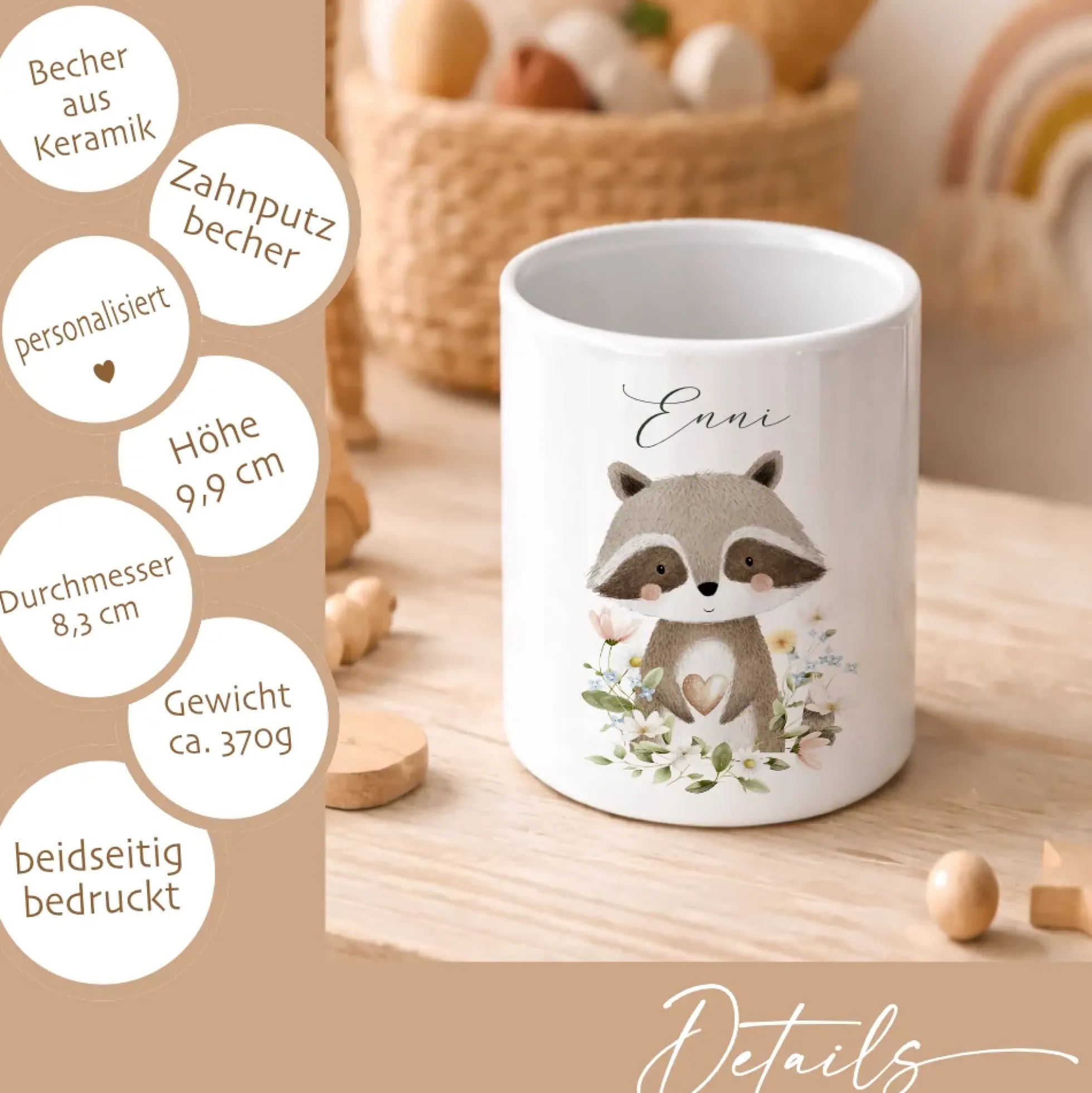 Personalisierter Zahnputzbecher aus Keramik mit Namen – Süße Waldtiere Motive im Boho-Stil – Kinder Zahnbürstenhalter fürs Badezimmer