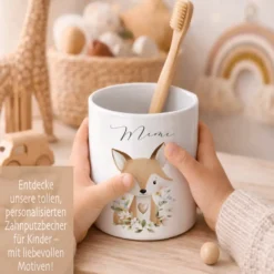 Personalisierter Zahnputzbecher aus Keramik mit Namen – Süße Waldtiere Motive im Boho-Stil – Kinder Zahnbürstenhalter fürs Badezimmer