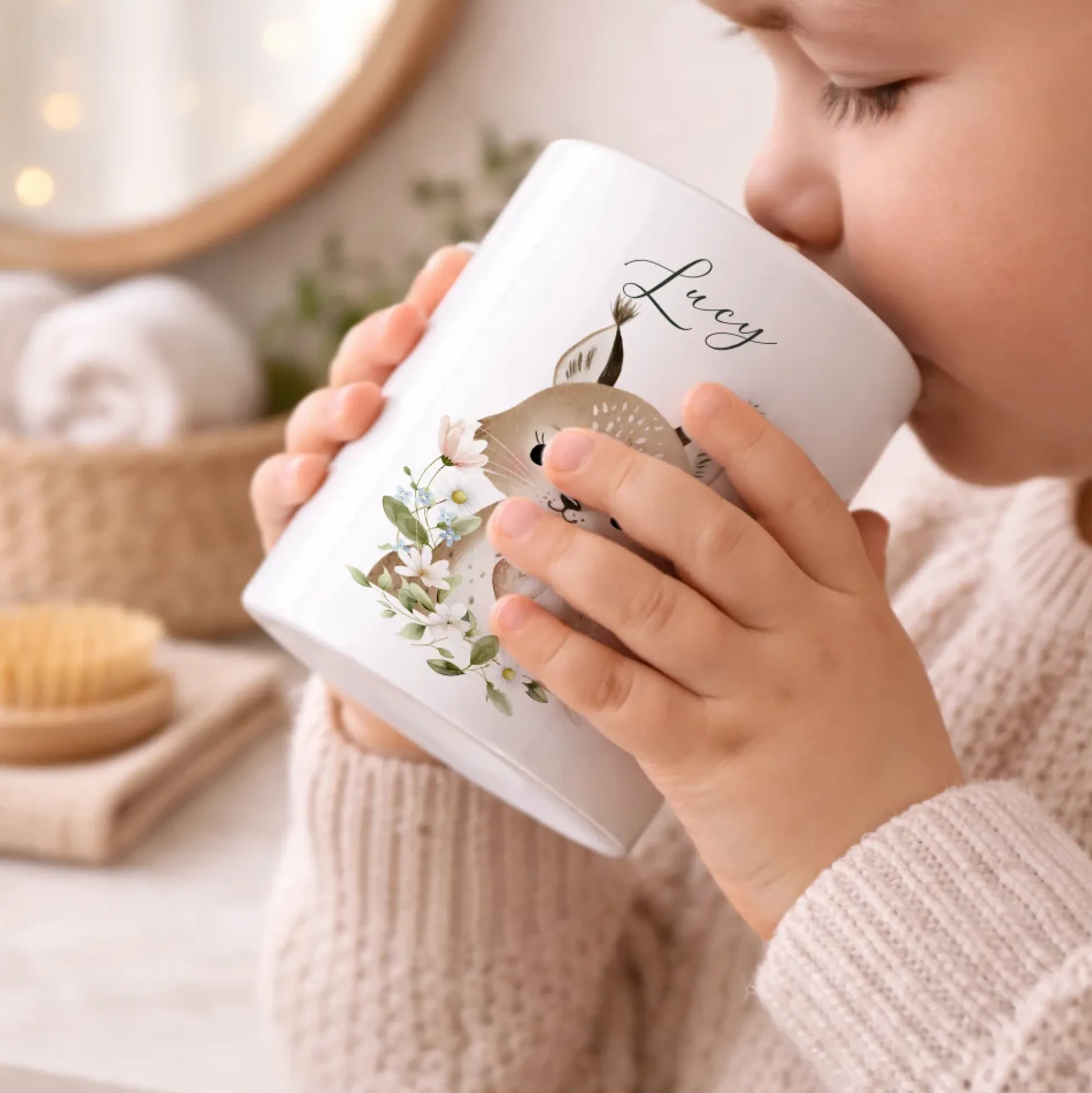 Personalisierter Zahnputzbecher aus Keramik mit Namen – Süße Waldtiere Motive im Boho-Stil – Kinder Zahnbürstenhalter fürs Badezimmer