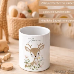 Personalisierter Zahnputzbecher aus Keramik mit Namen – Süße Waldtiere Motive im Boho-Stil – Kinder Zahnbürstenhalter fürs Badezimmer