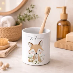 Personalisierter Zahnputzbecher aus Keramik mit Namen – Süße Waldtiere Motive im Boho-Stil – Kinder Zahnbürstenhalter fürs Badezimmer