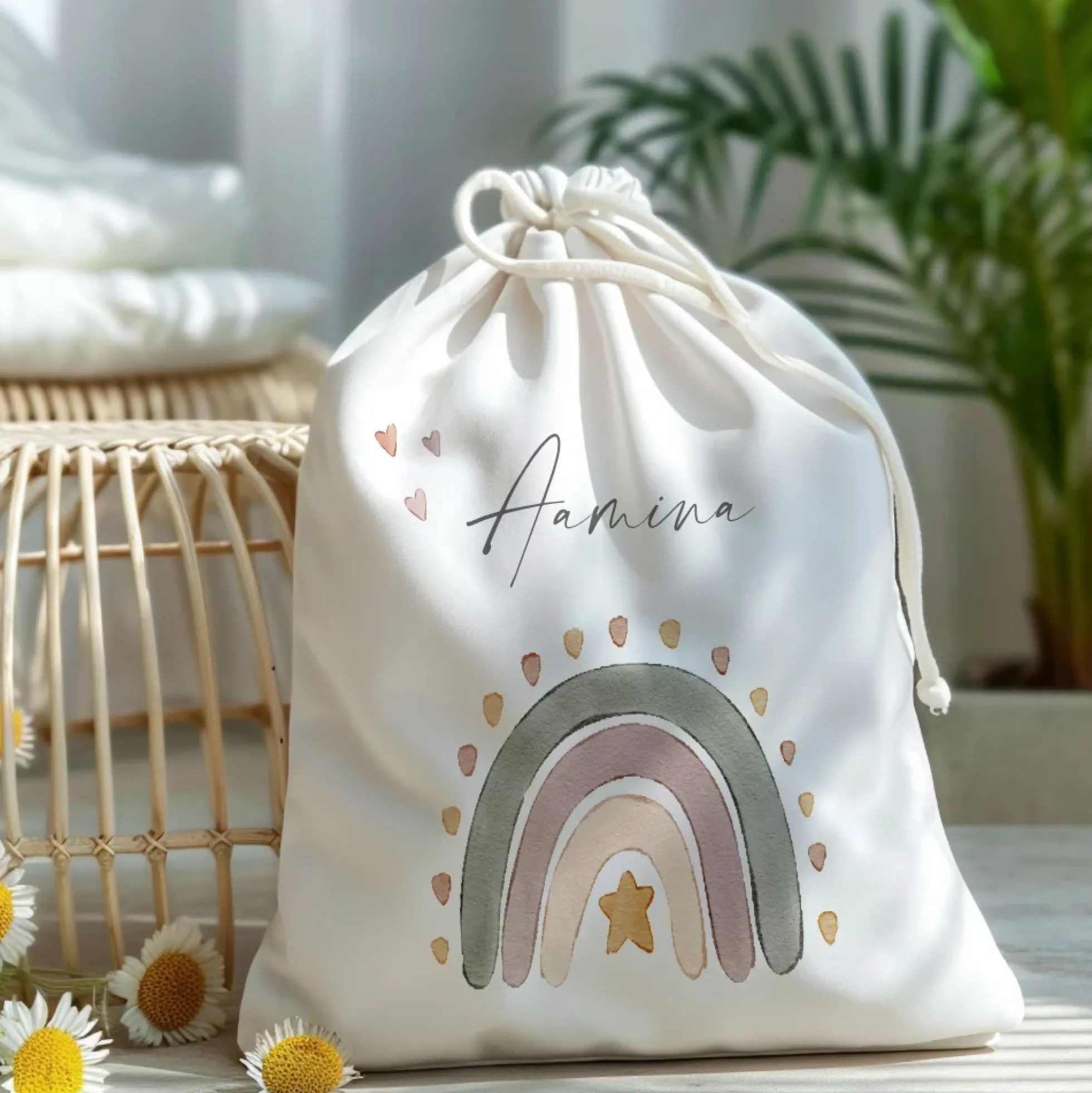 Personalisierter Zuziehbeutel für Kinder | Motive: Regenbogen, Auto, Elefant