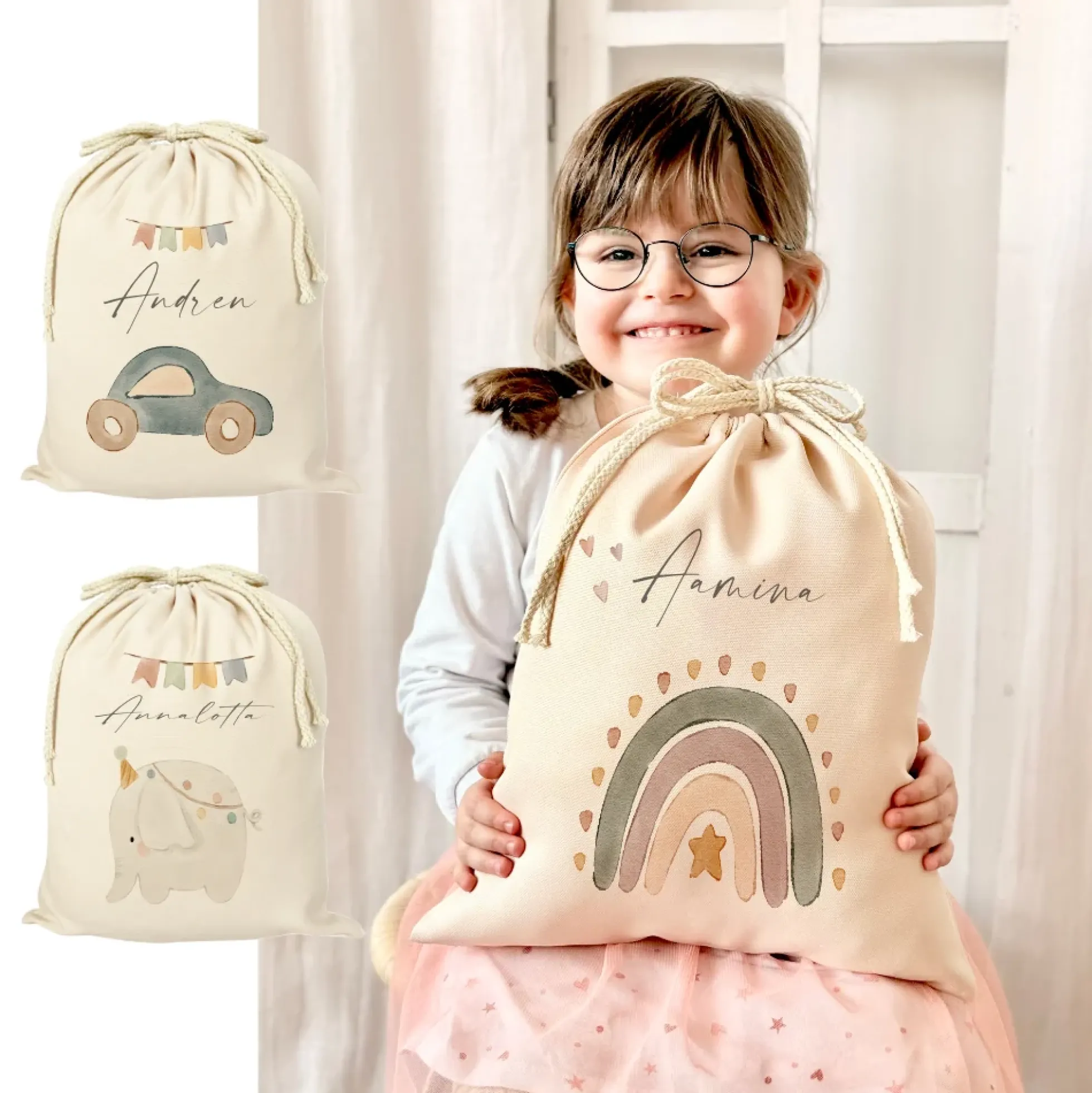 Personalisierter Zuziehbeutel für Kinder | Motive: Regenbogen, Auto, Elefant