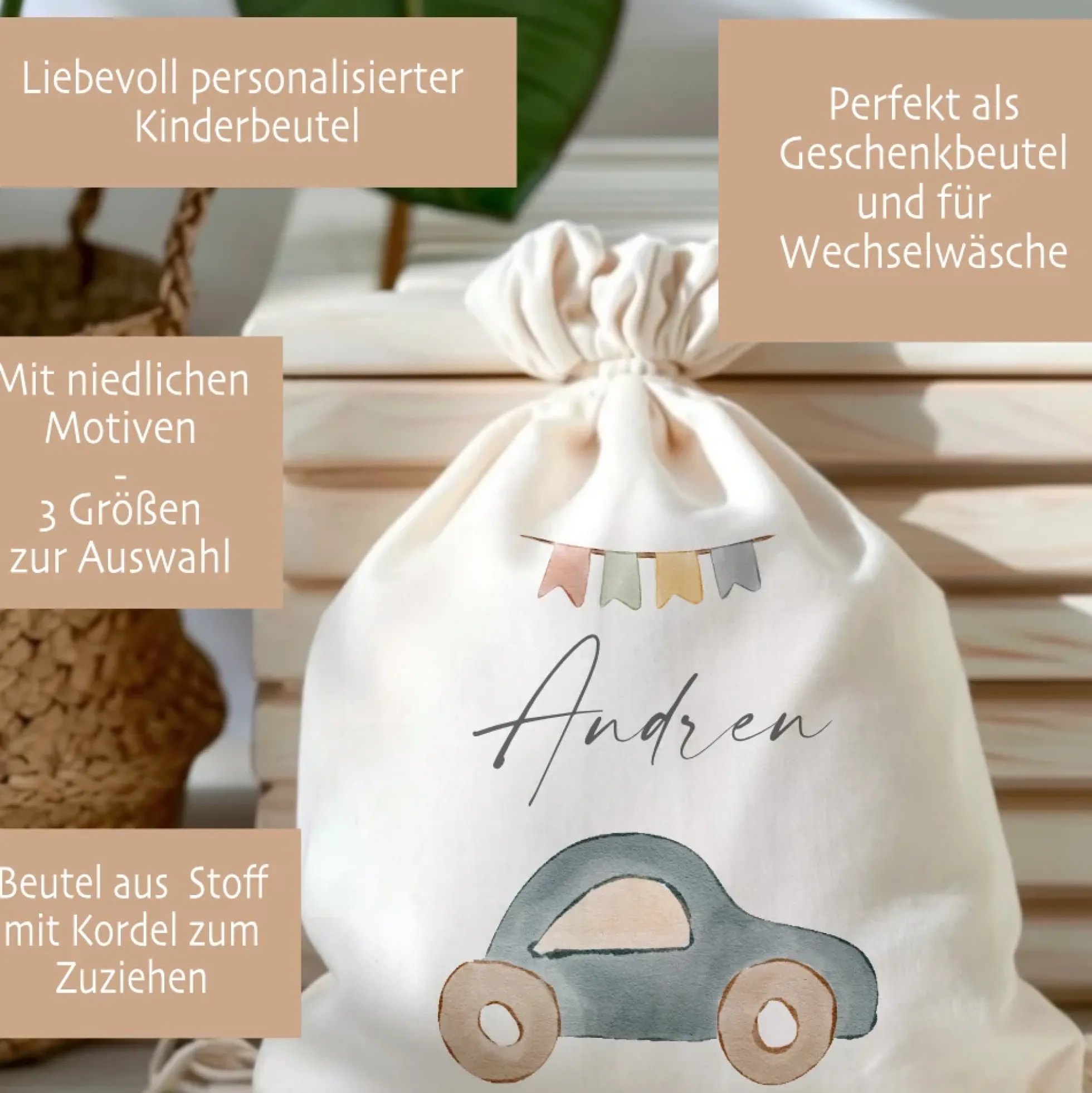 Personalisierter Zuziehbeutel für Kinder | Motive: Regenbogen, Auto, Elefant